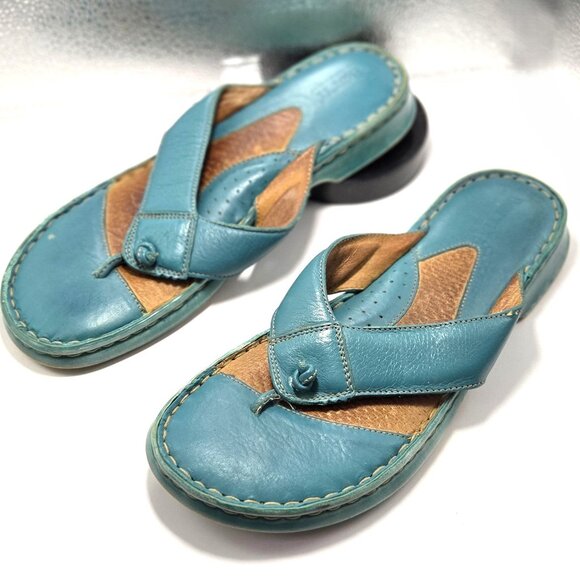 Børn Opanka Women's Teal Leather Thong Flip Flop Slide Casual Sandals Size 10 - Picture 2 of 8